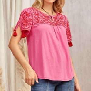 Savanna Jane Womens Short Sleeve Tassel Pink Embroidered Boho Top. Sz L